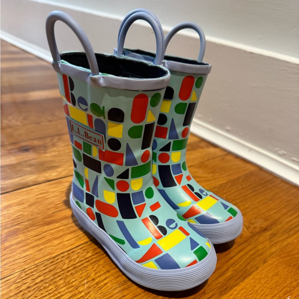 L.L. Bean Kids' Light Blue Rain Boots with Multi-Color Geometric Print